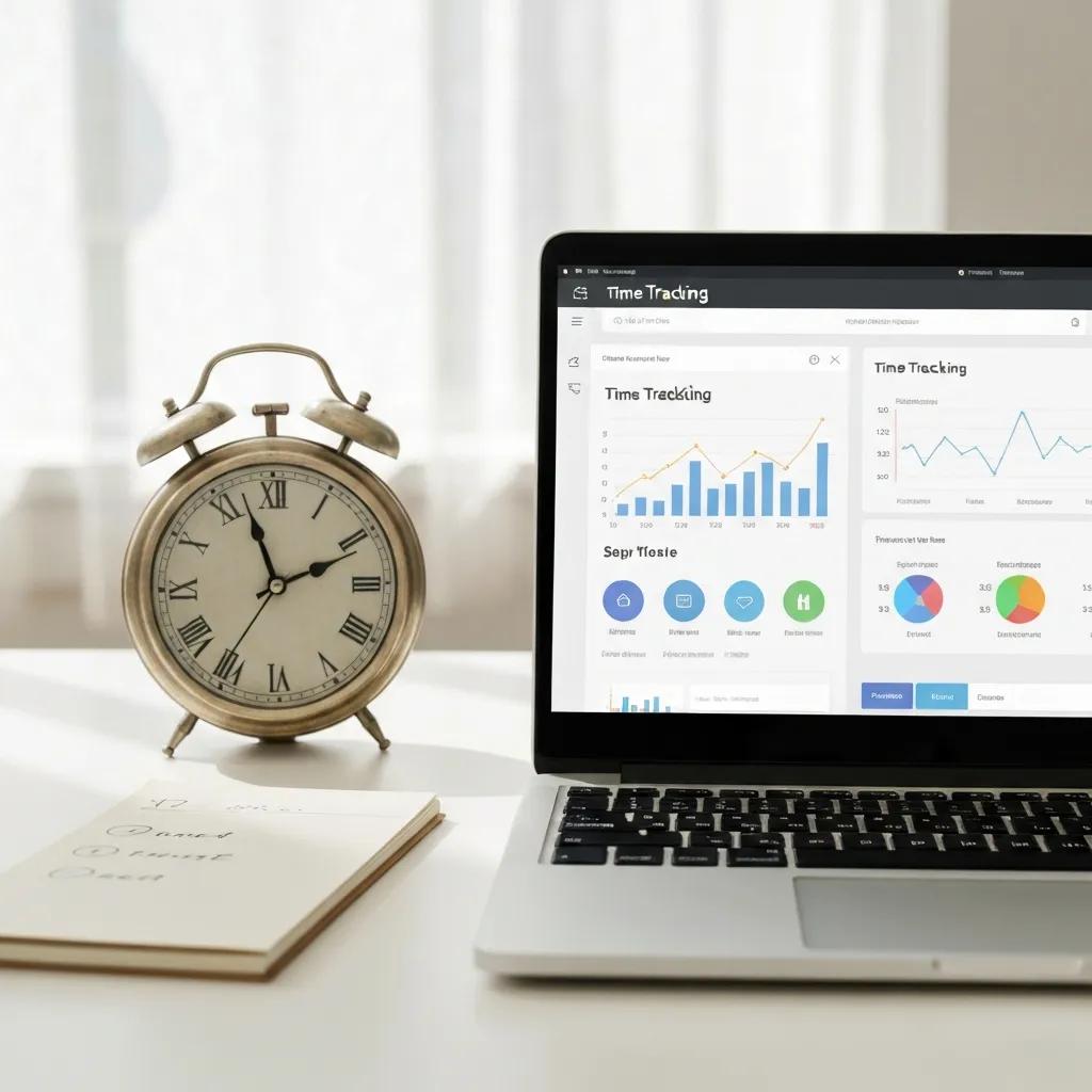 Modern workspace with time tracking software on a laptop, emphasizing productivity and organization
