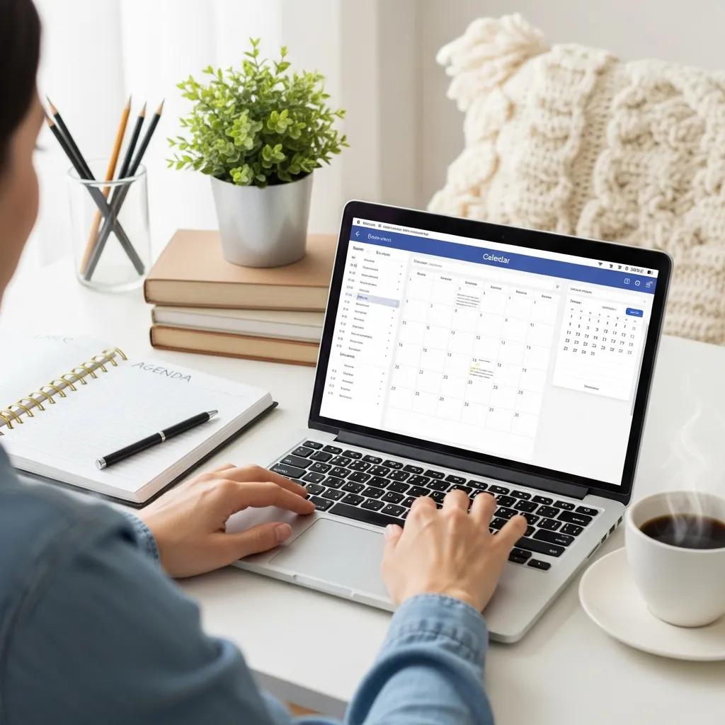 Person using a calendar app on a laptop in a cozy workspace with a planner and coffee