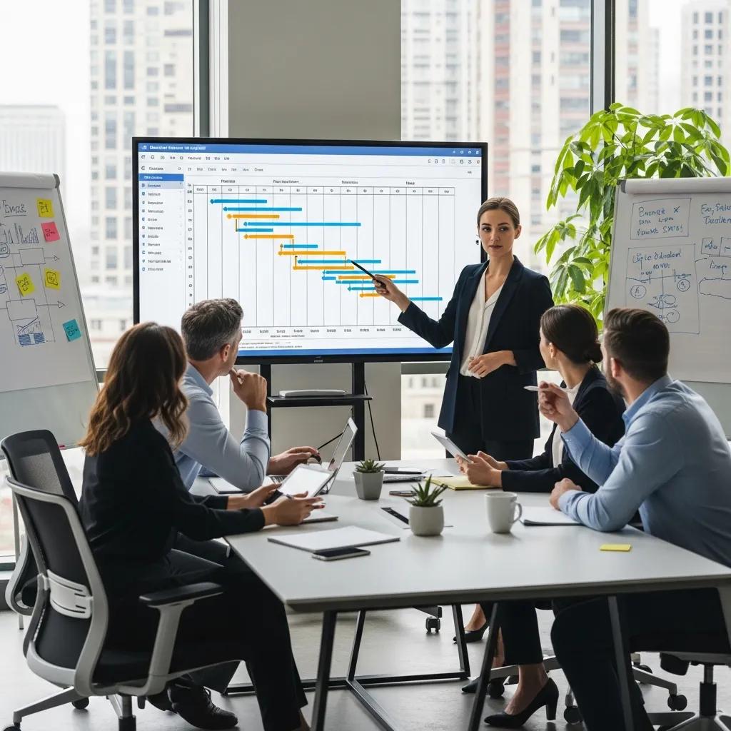 Project manager analyzing Gantt chart with team in a collaborative workspace