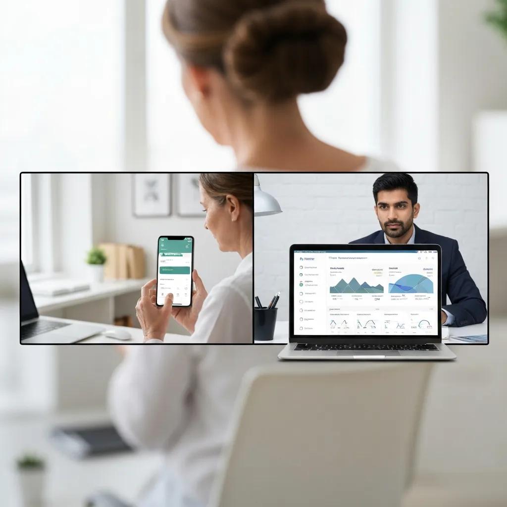 Remote worker using mobile timekeeping app and manager reviewing cloud-based timekeeping system on laptop, demonstrating modern employee tracking solutions for hybrid workforces.