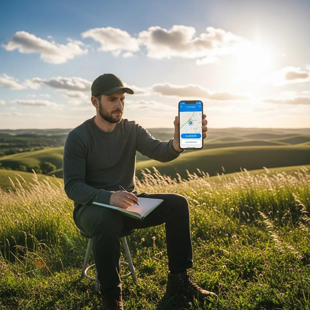 Remote worker using a mobile time tracking app in a field environment, showcasing GPS verification features, with a notebook and pen in hand, emphasizing efficient time capture for distributed teams.