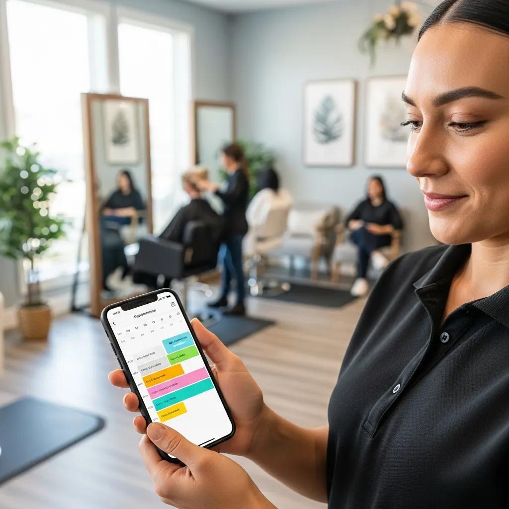 Service provider managing appointments using scheduling software on a mobile device in a welcoming salon environment.