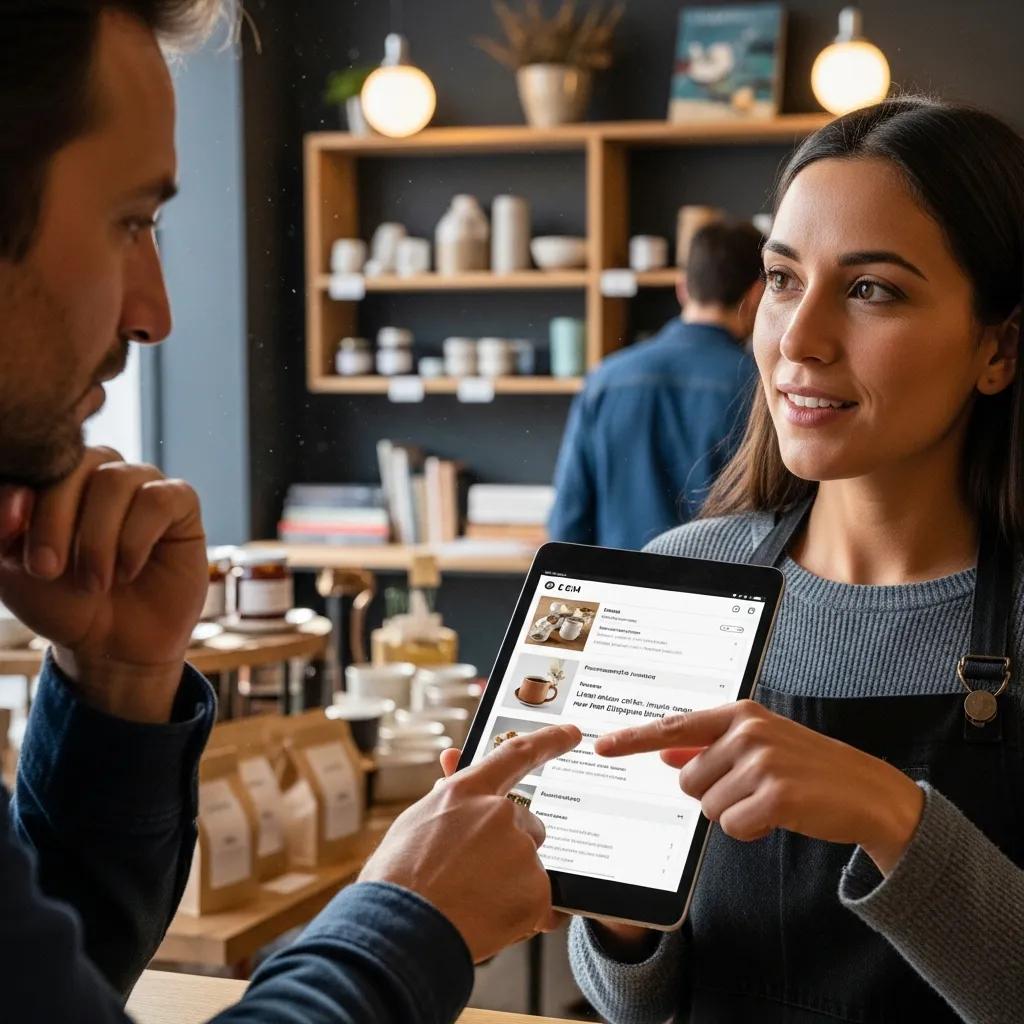 Small business owner engaging with customer, using CRM software on tablet to enhance customer relationships and streamline service in a retail setting.