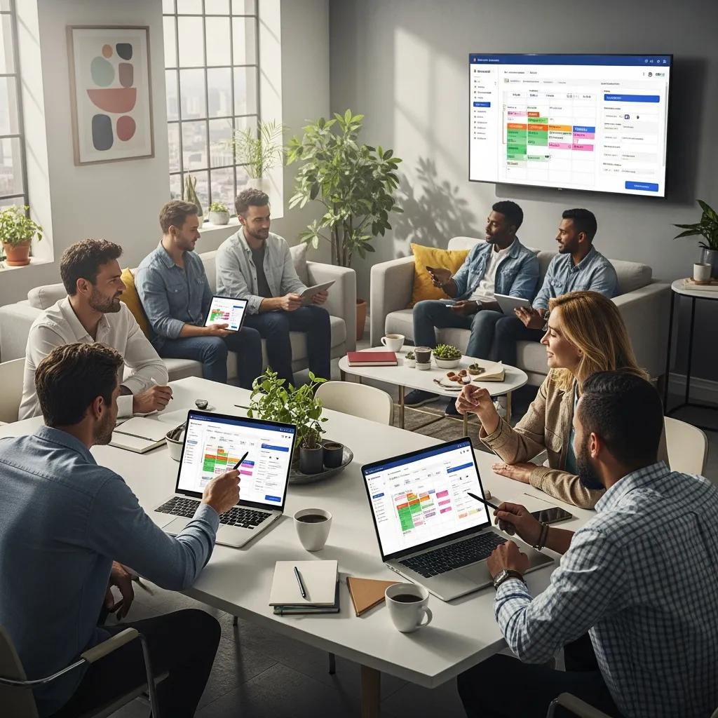 Team collaborating on schedule management software in a modern office