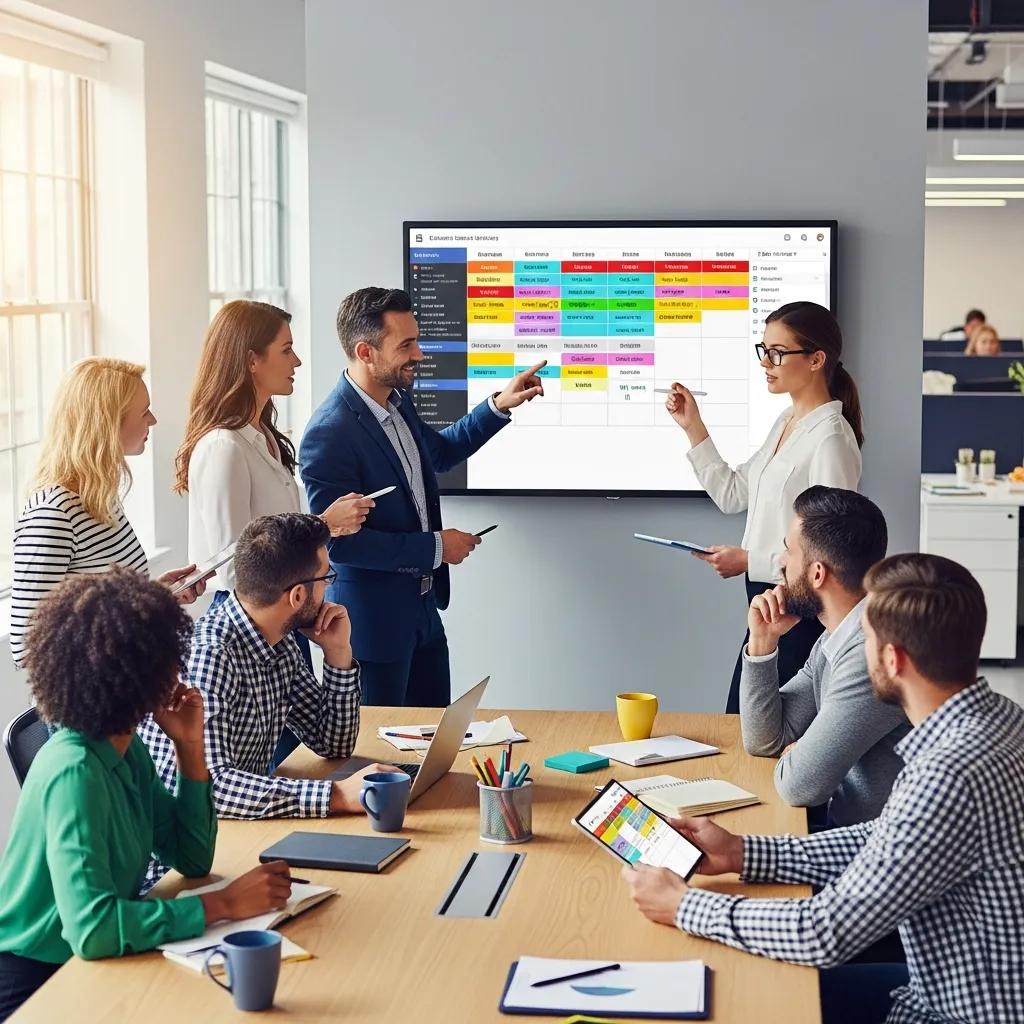 Team collaborating on staff scheduling software in a modern office setting