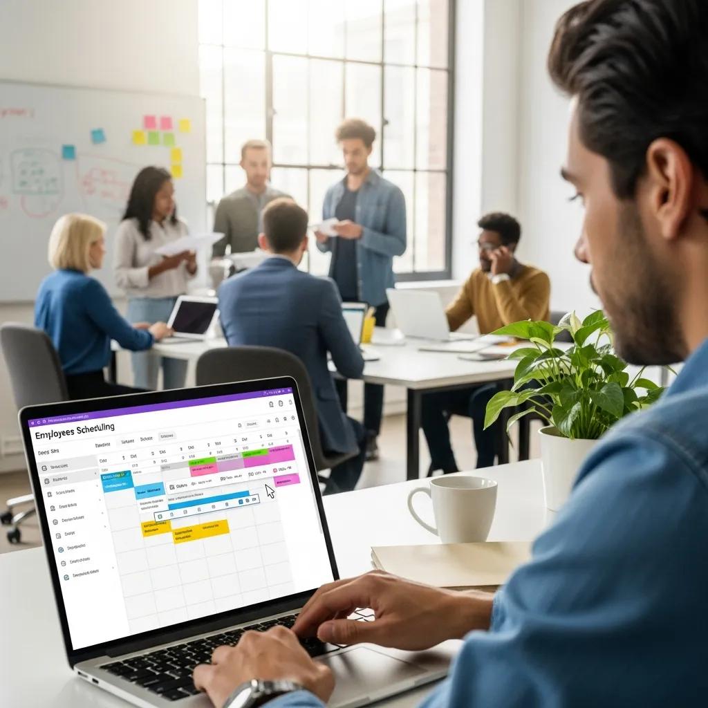Employee scheduling software interface displayed on a laptop in a busy workplace, with team members collaborating in the background.