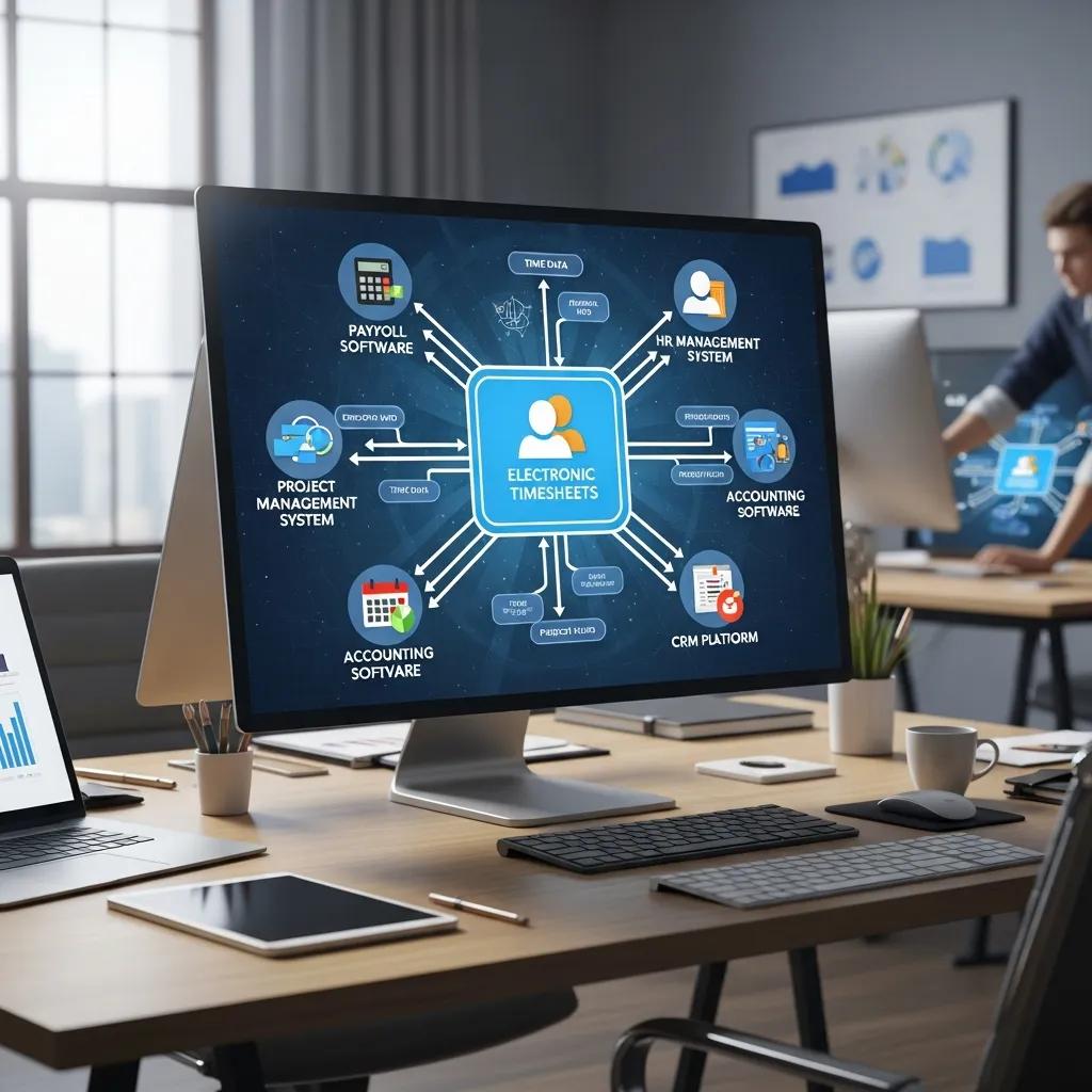 Diagram illustrating integration of electronic timesheets with payroll software, HR management systems, project management systems, accounting software, and CRM platforms, highlighting time data synchronization and operational efficiency in a modern office setting.