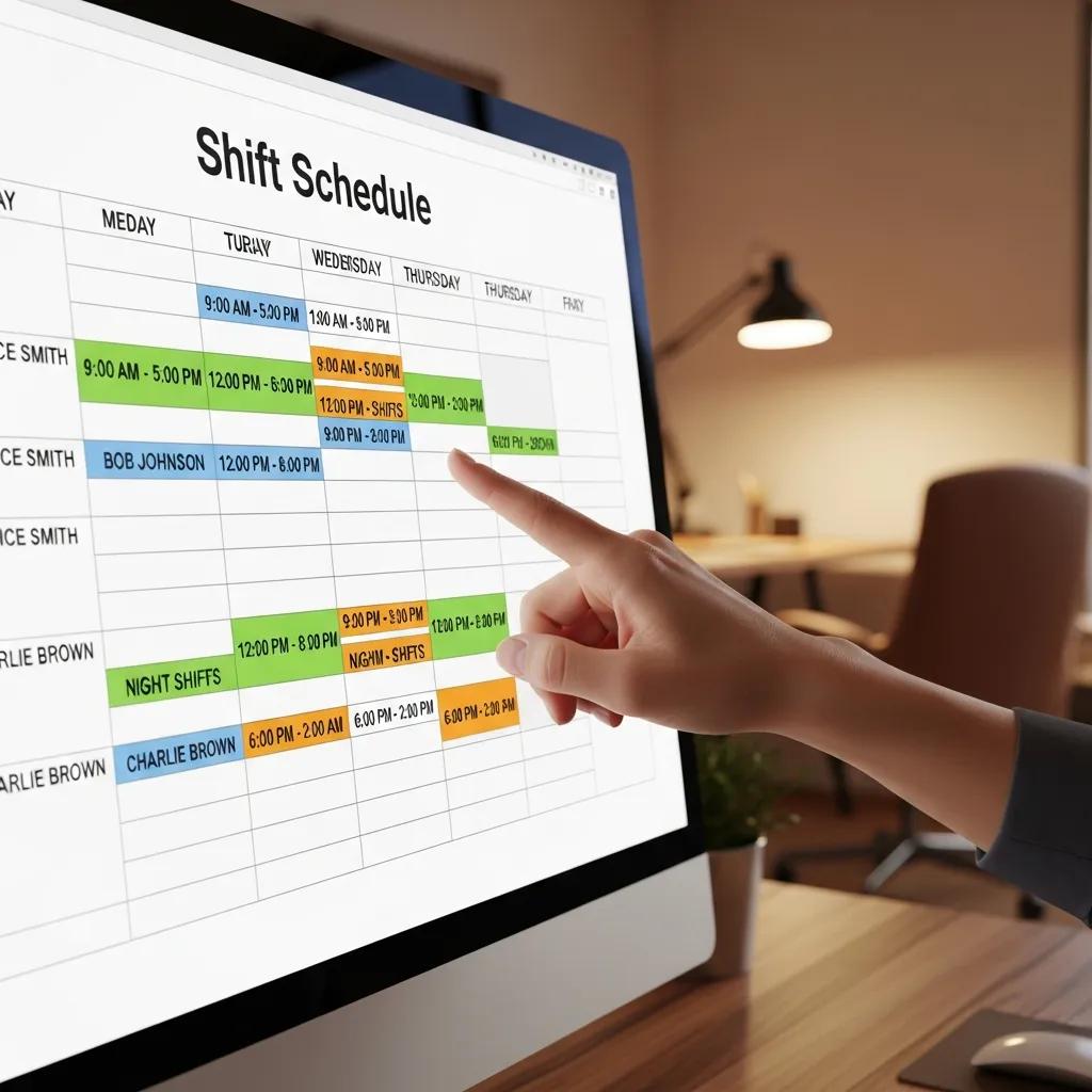 Close-up of a shift schedule template on a computer screen, highlighting employee names, shift times, and breaks in a cozy office setting, illustrating effective workforce management.