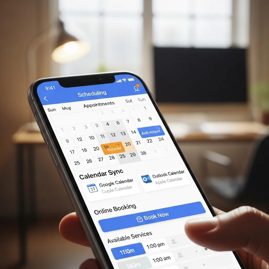 Close-up of smartphone displaying a scheduling app interface featuring calendar sync options, online booking button, and available services in a modern office setting.