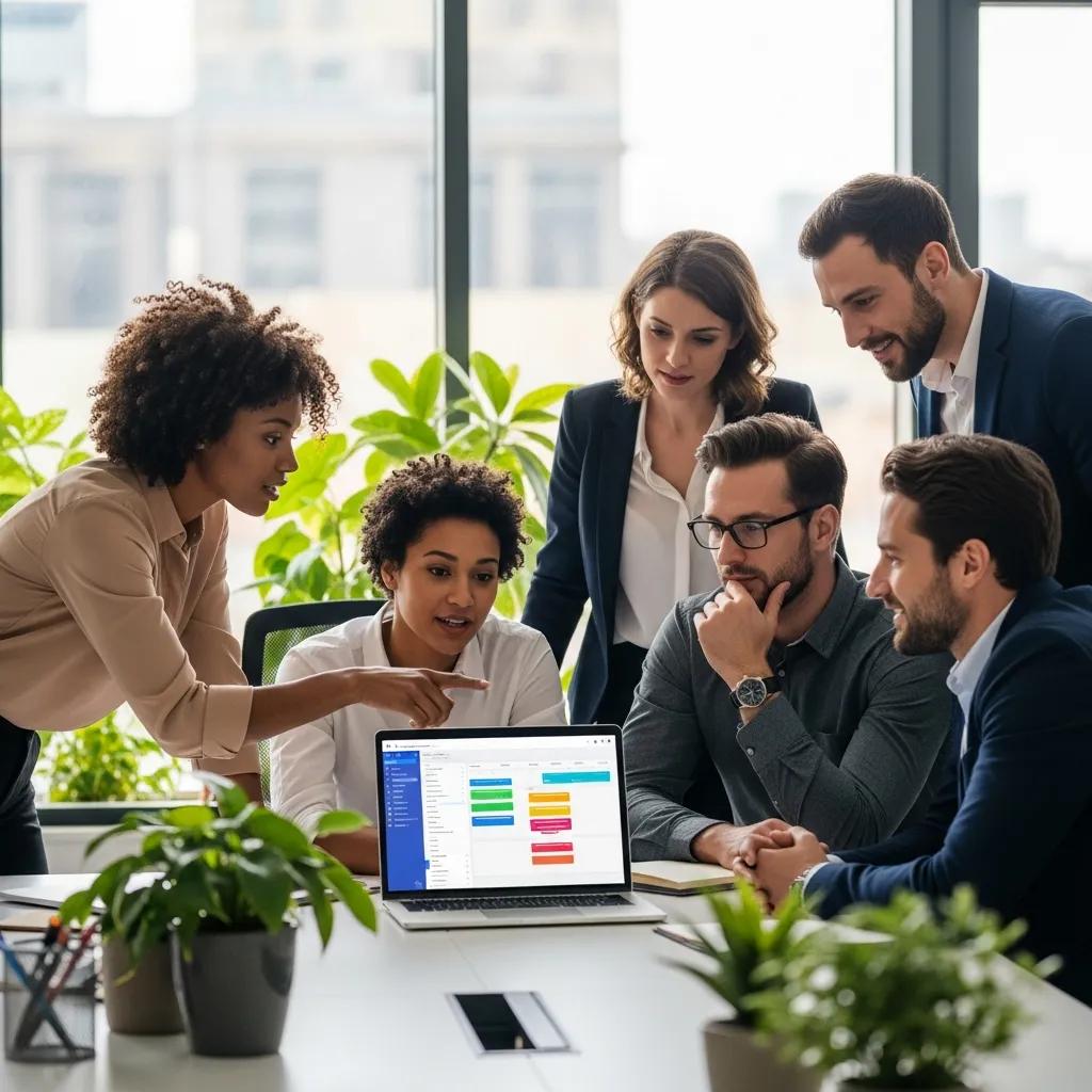 Diverse professionals collaborating around a laptop displaying a digital scheduling tool in a modern office, enhancing team productivity and management.