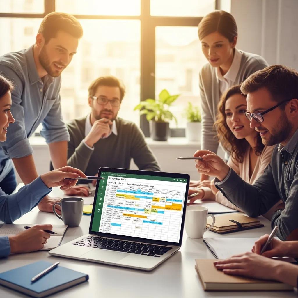 Diverse team collaborating on an employee scheduling template displayed on a laptop in a modern office setting, enhancing productivity and team management.