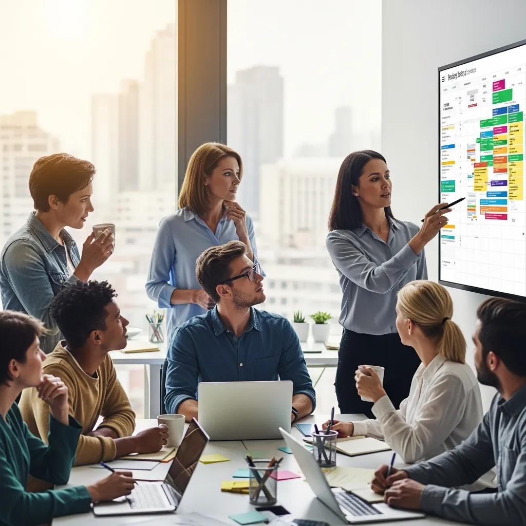Diverse team collaborating on employee scheduling software in a modern office, discussing productivity and organization strategies with a visual calendar display.