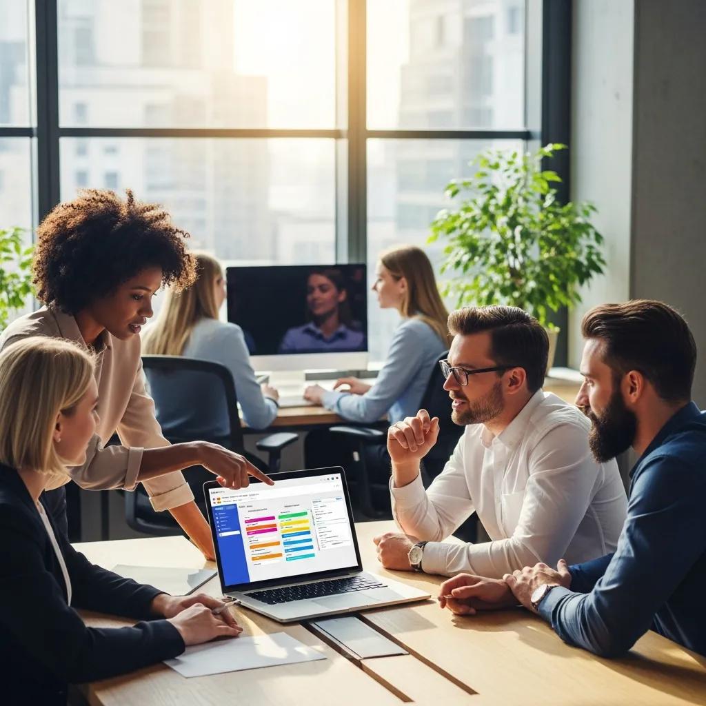 Diverse team collaborating on employee scheduling software in a modern office, enhancing productivity and team management.