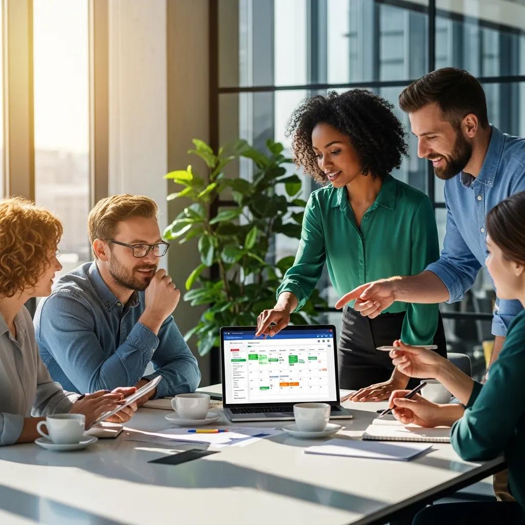 Diverse team collaborating on employee scheduling software in a modern office, discussing productivity and workflow improvements.