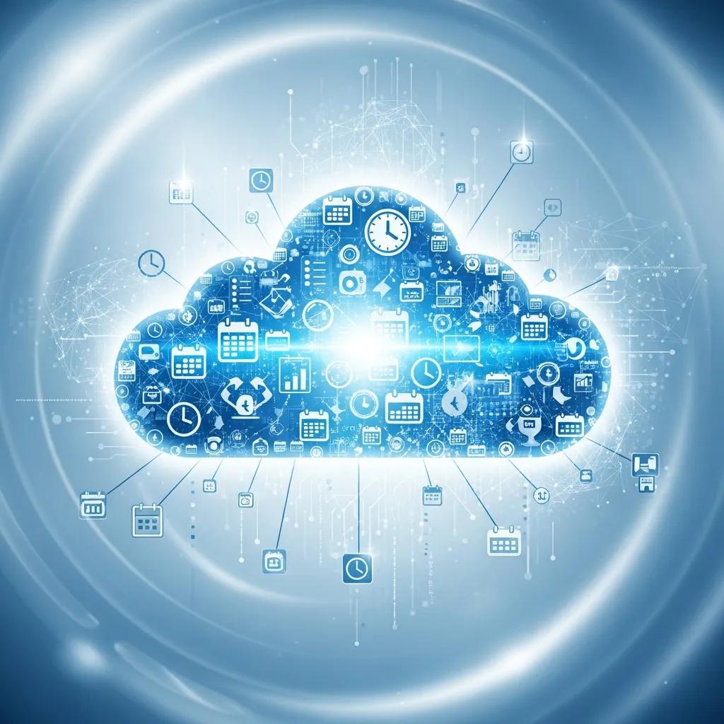 Futuristic digital cloud with scheduling icons and AI elements, representing technology integration for efficient scheduling solutions in business.