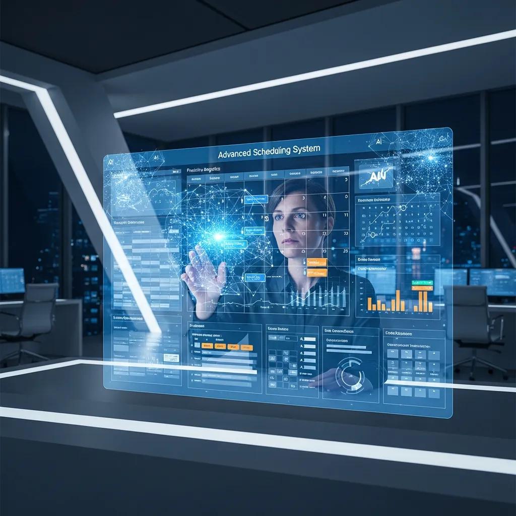 Woman interacting with a futuristic digital interface displaying advanced scheduling features, illustrating AI-driven workforce management and predictive analytics in a modern workspace.