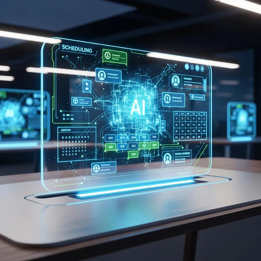 Futuristic digital interface showcasing AI-driven scheduling app features, including appointment management, user profiles, and smart algorithms for optimizing appointment times.