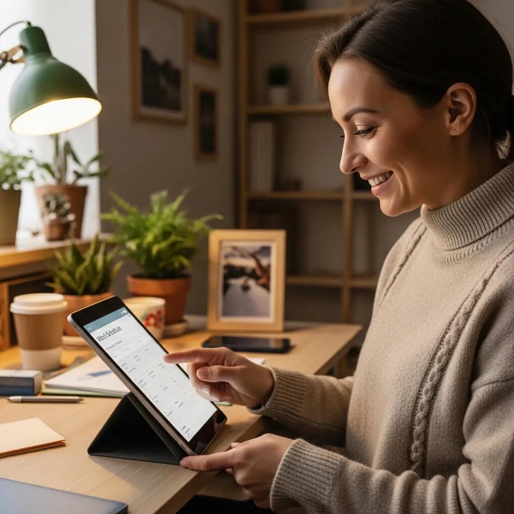 Happy employee reviewing work schedule on a tablet in a cozy workspace, illustrating the benefits of PunchPro's automated scheduling solutions for enhanced productivity and employee satisfaction.