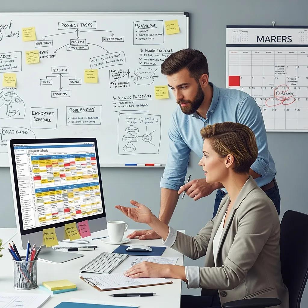 Manager and team member discussing employee scheduling benefits, reviewing a scheduling template on a computer screen in an office environment, with project notes and calendar in the background.
