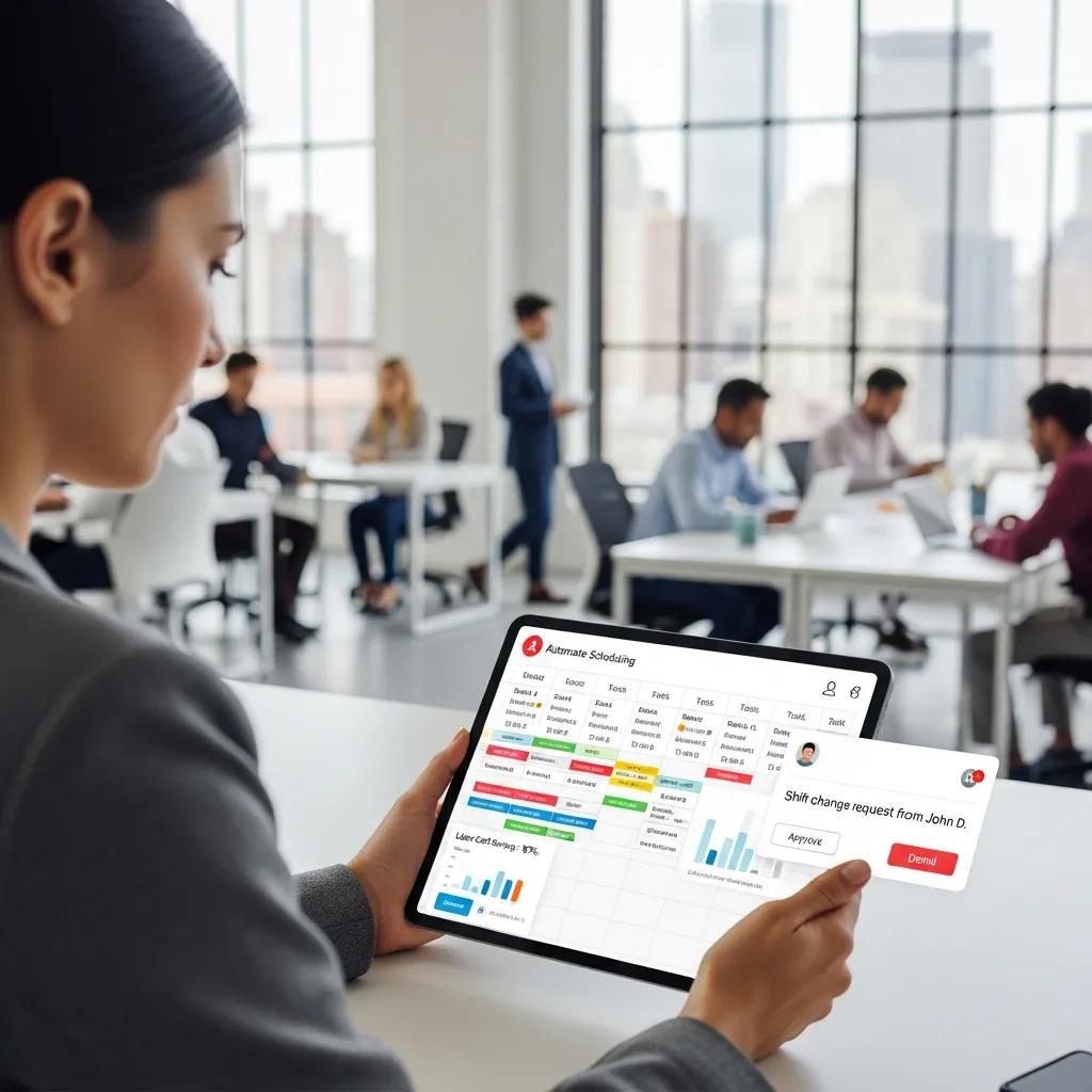 Manager using automated scheduling software on tablet to enhance workplace efficiency, featuring colorful schedule interface and shift change request notification, with busy office environment in background.
