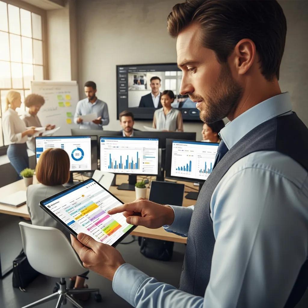 Manager using employee scheduling software on a tablet in a collaborative office setting, surrounded by team members and multiple monitors displaying workforce management data.