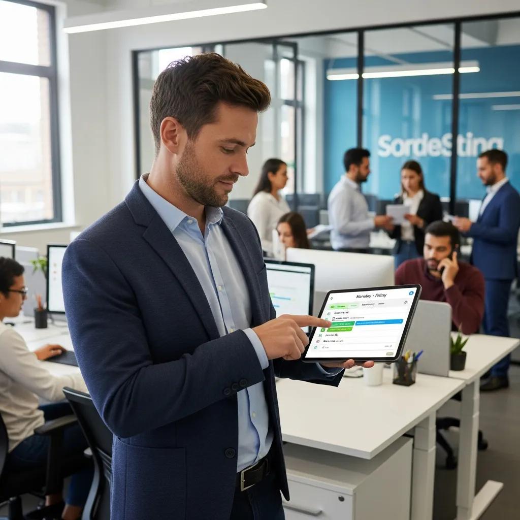 Manager using tablet for automated employee scheduling in a busy office environment, showcasing workforce management tools and team collaboration.