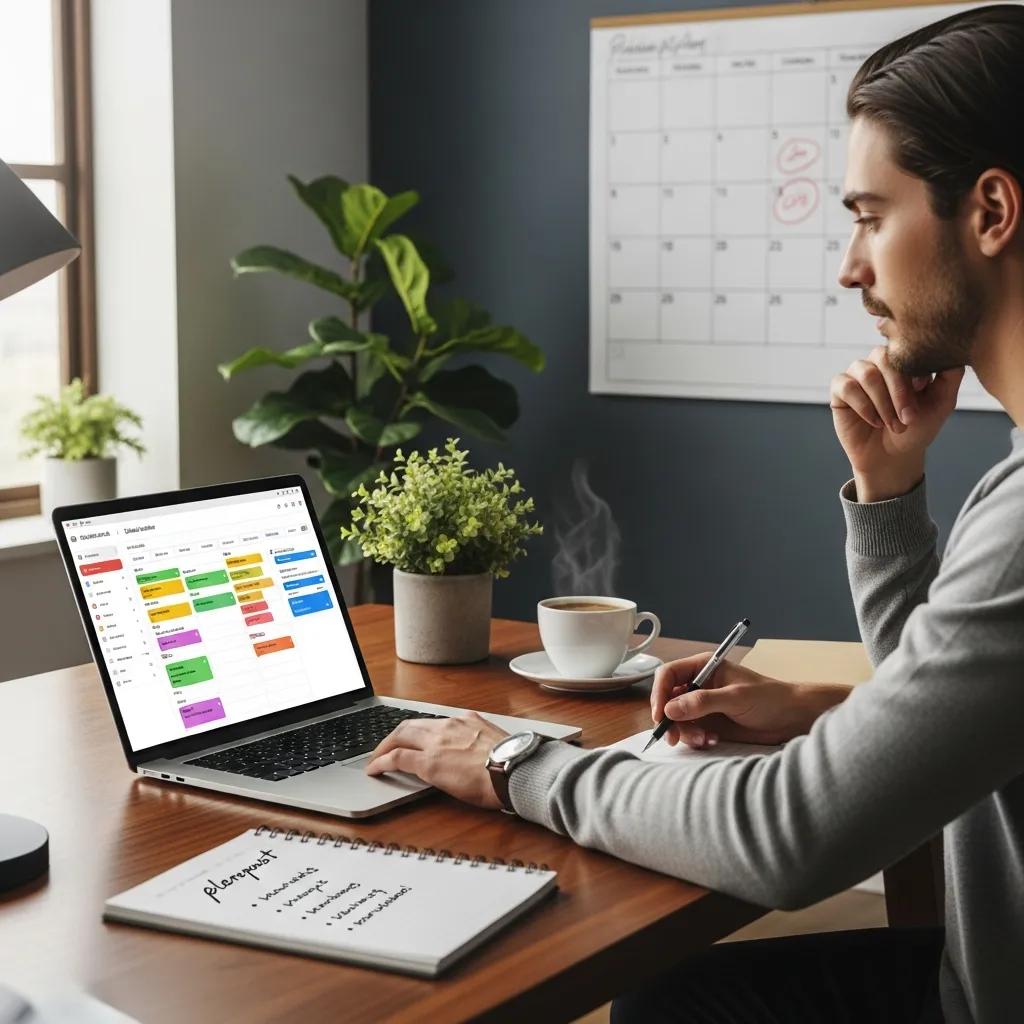 Modern workspace featuring a man using a laptop with a digital schedule builder, emphasizing productivity and time management, alongside a coffee cup and notepad with planning notes.