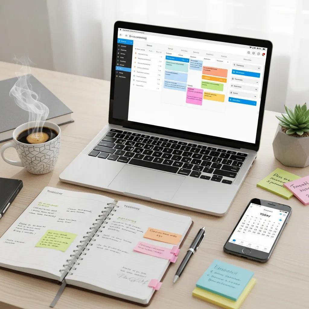 Modern workspace featuring a laptop displaying a scheduling app, a planner with sticky notes, a steaming coffee cup, and a smartphone with a calendar, illustrating efficient team management and productivity tools.