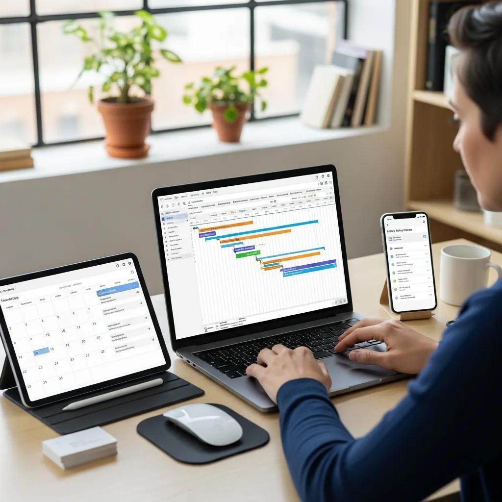 Person managing work schedule using digital tools on laptop and tablet in a modern workspace, with calendar and Gantt chart displayed.