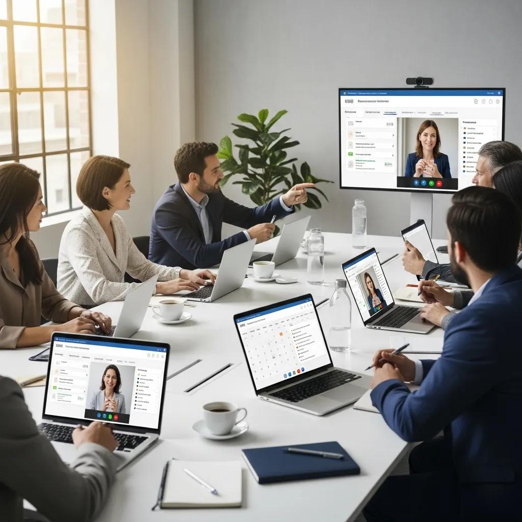 Professionals collaborating in a modern office using an online appointment scheduling tool on laptops, with a video conference displayed on a screen, highlighting productivity and team management.