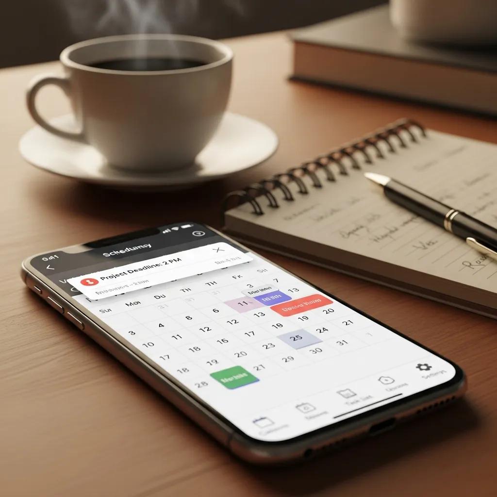 Smartphone displaying a scheduling app with a calendar featuring project deadlines, next to a steaming cup of coffee and a notepad, illustrating effective scheduling solutions for productivity.