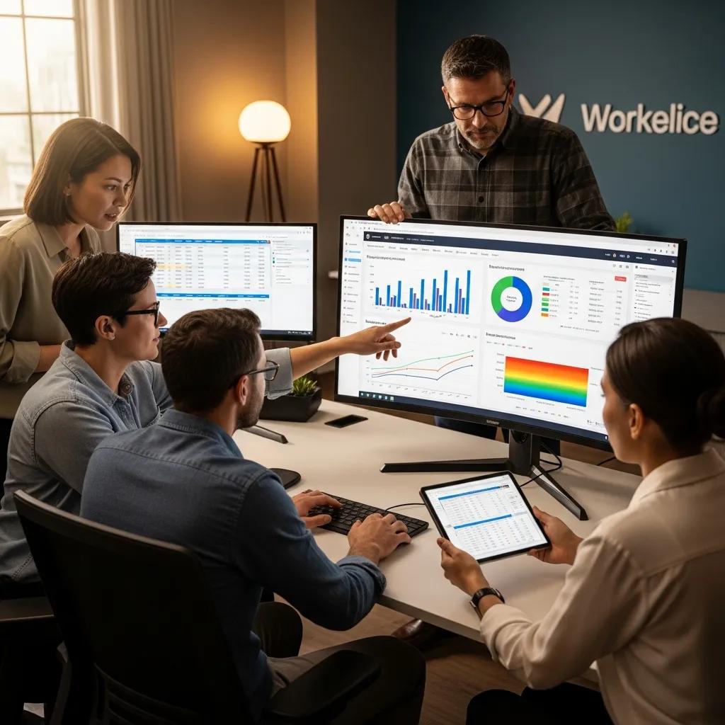 Team analyzing workforce management software on multiple screens for effective scheduling and productivity improvement.