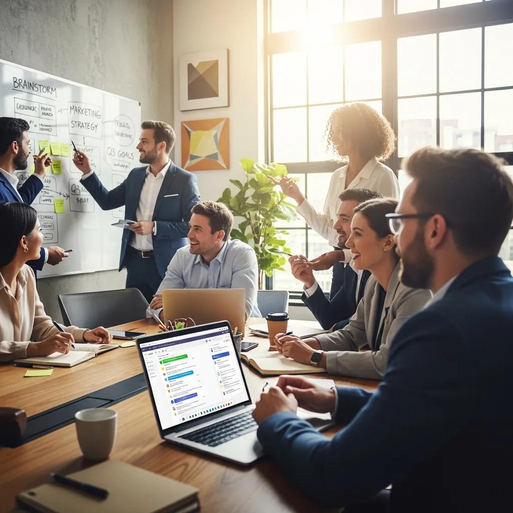 Team collaborating in a conference room, engaging in brainstorming and marketing strategy discussions, with focus on communication tools and technology, including laptops and charts.