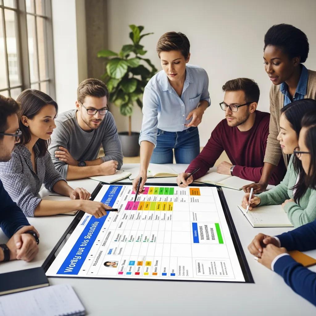 Team collaboration around a digital work schedule template in a modern office, enhancing productivity and simplifying staff management.