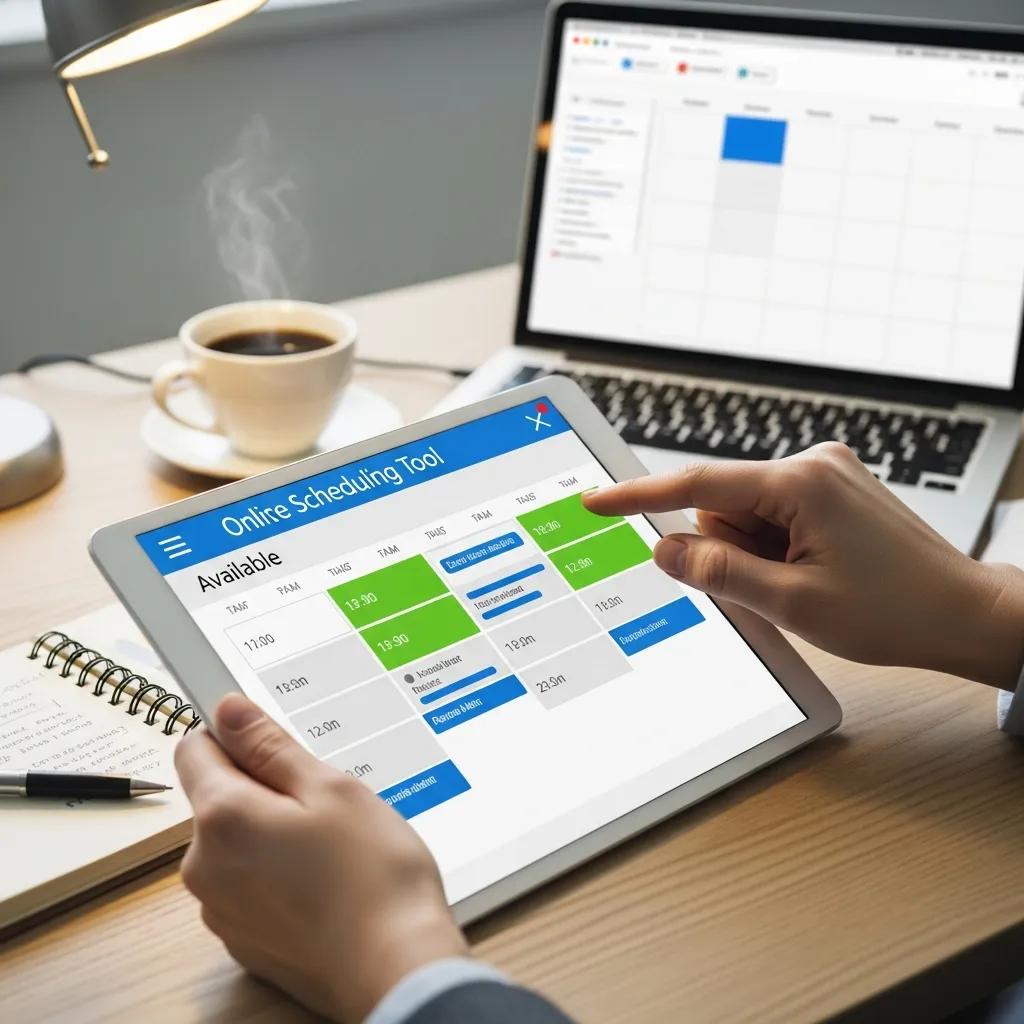 User interacting with an online scheduling tool on a tablet, displaying available time slots and calendar management features, with a laptop and coffee cup in the background.