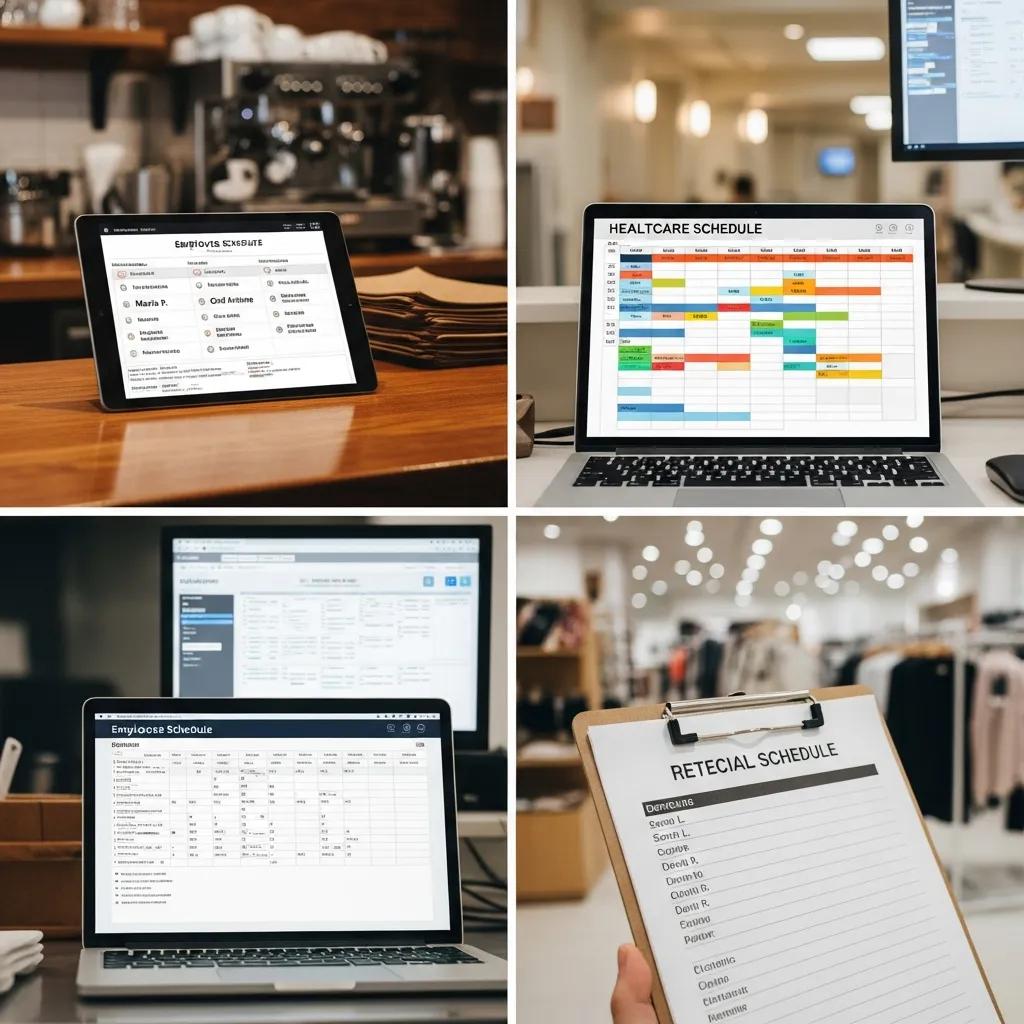 Variety of industry-specific employee schedule templates displayed on devices, including a healthcare schedule, retail schedule, and employee management interface, illustrating customizable options for effective workforce management.