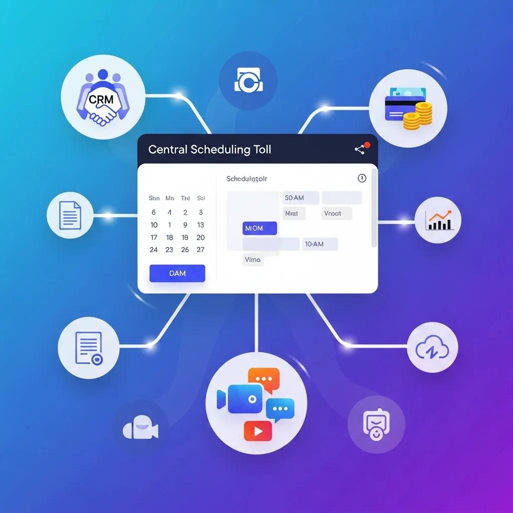 Visual representation of a central scheduling tool integrating CRM, payment gateways, video conferencing, and analytics, featuring a calendar interface and icons for document management and communication.