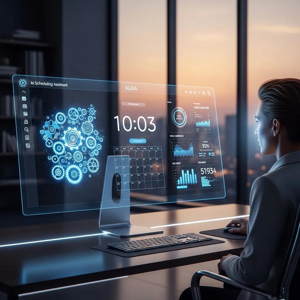 AI scheduling assistant displayed on a futuristic computer screen in a modern office, featuring a calendar, analytics dashboard, and real-time data visualization, emphasizing efficiency in business scheduling.