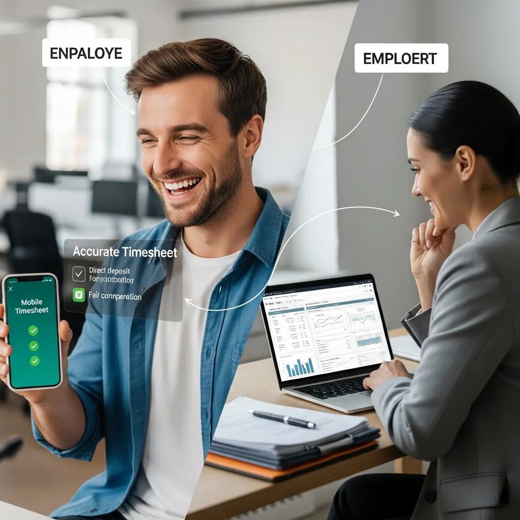 Benefits of timesheet apps for employees and employers, showcasing fair compensation and clear billing
