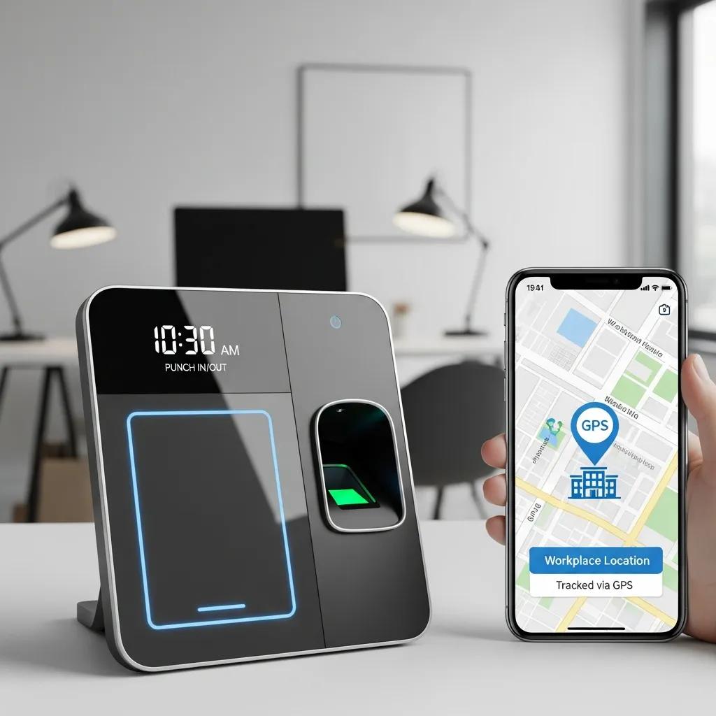 Biometric time clock with fingerprint scanner and smartphone displaying GPS tracking in a modern office setting.