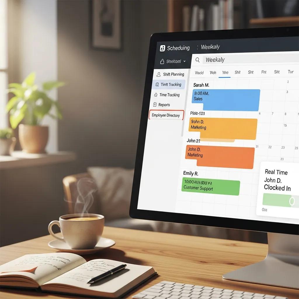 Close-up of employee scheduling software interface displaying shift planning, time tracking, and an employee directory in a cozy workspace with a coffee cup and notebook on a wooden desk.