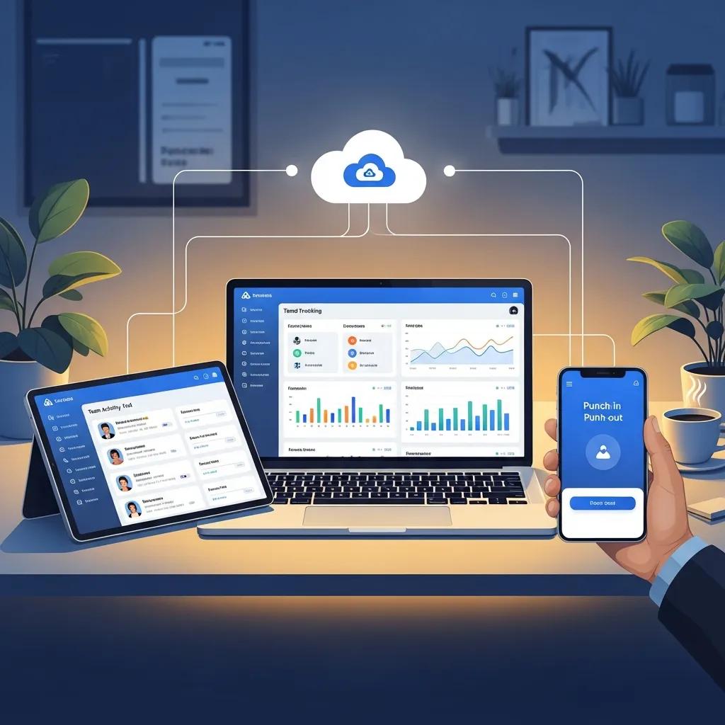 Cloud-based time tracking interface displayed on a laptop, tablet, and smartphone, showcasing accessibility and integration with payroll systems.