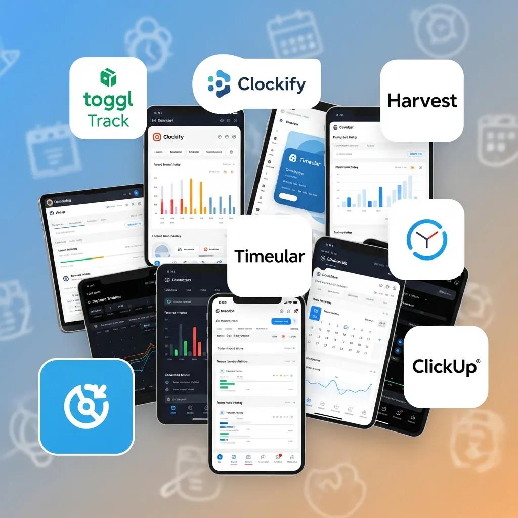 Collage of popular time tracking app logos and features for 2024