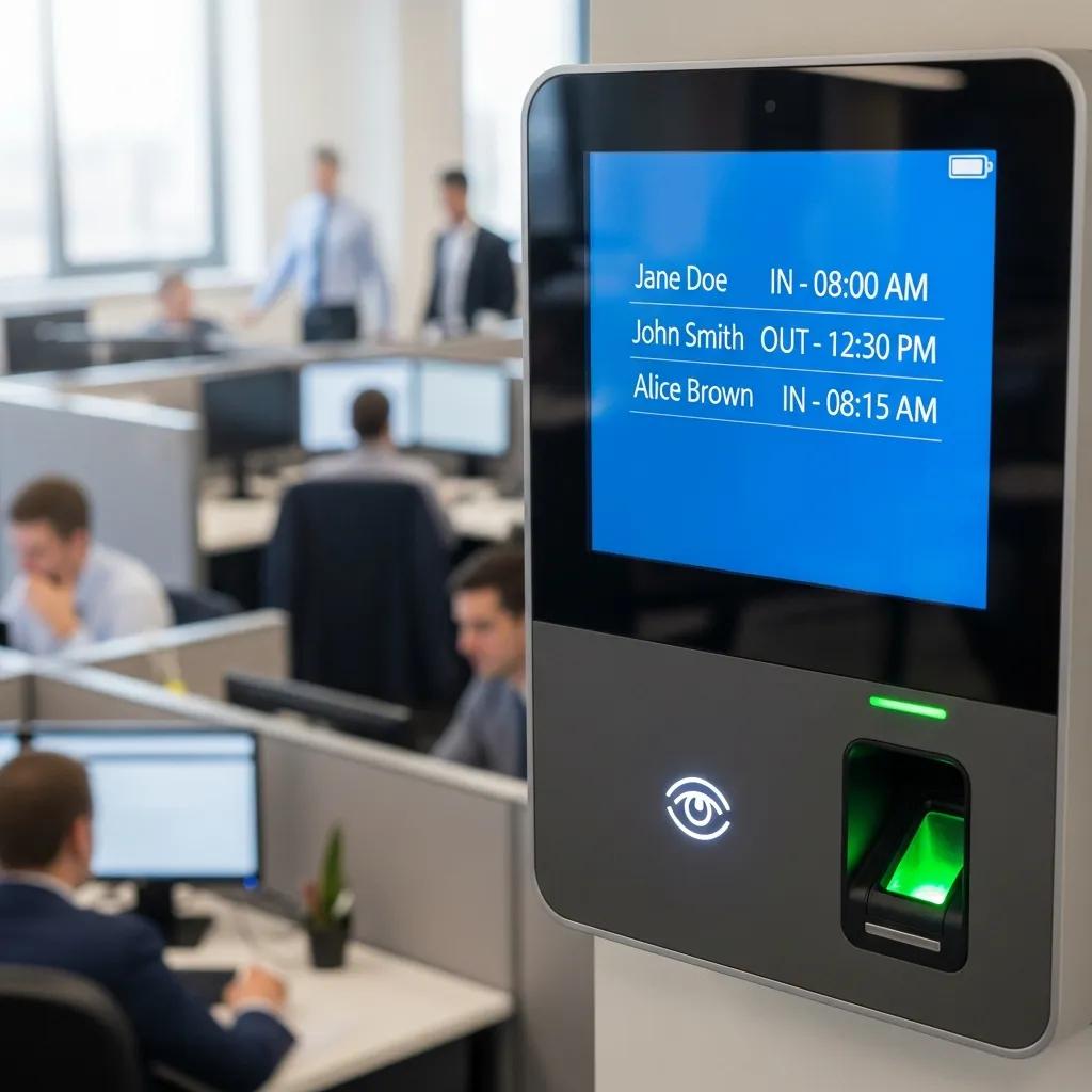 Digital time clock displaying employee check-in times, including Jane Doe at 8:00 AM, John Smith at 12:30 PM, and Alice Brown at 8:15 AM, in a busy office environment with employees at workstations.