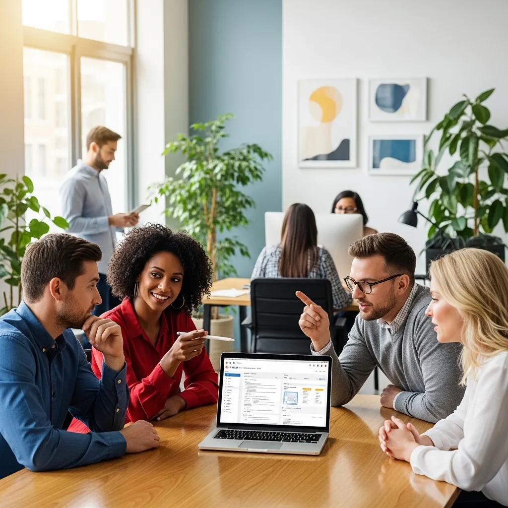 Diverse professionals collaborating around a laptop displaying a scheduling application in a modern office, discussing productivity and time management strategies.