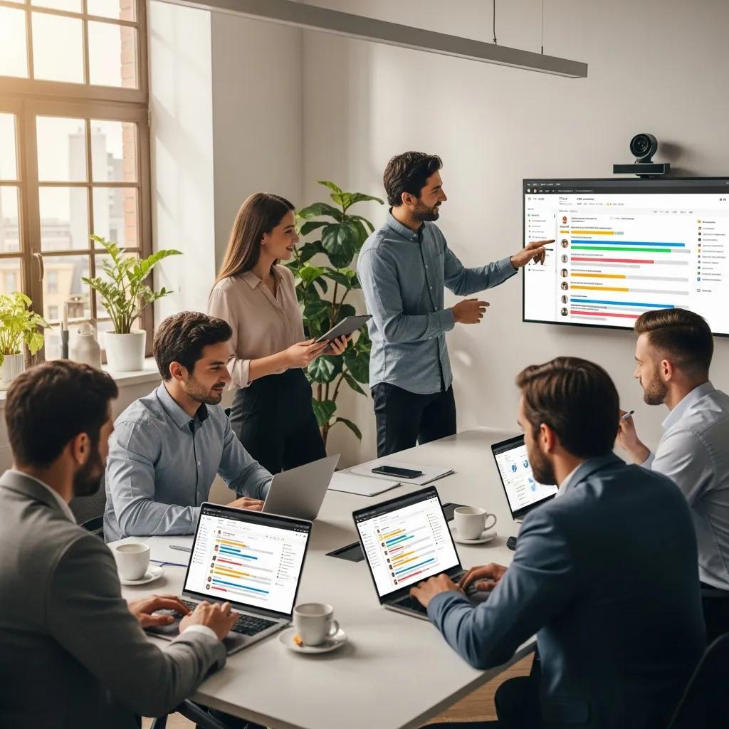 Diverse professionals collaborating in a modern office, using task tracking software on laptops and discussing productivity strategies with a presentation on a screen.
