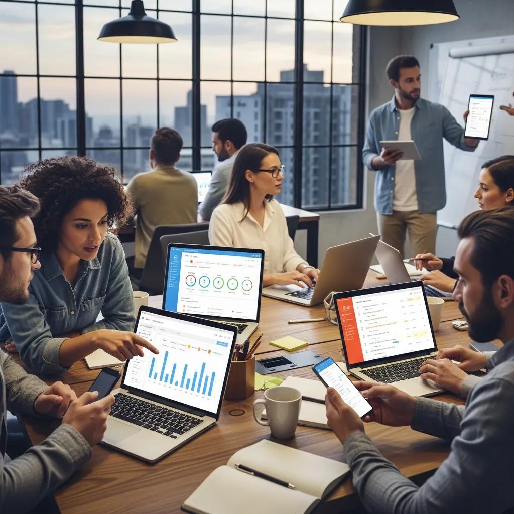 Diverse professionals collaborating in a modern office, utilizing time tracking apps on laptops and smartphones, focused on enhancing productivity and efficiency.