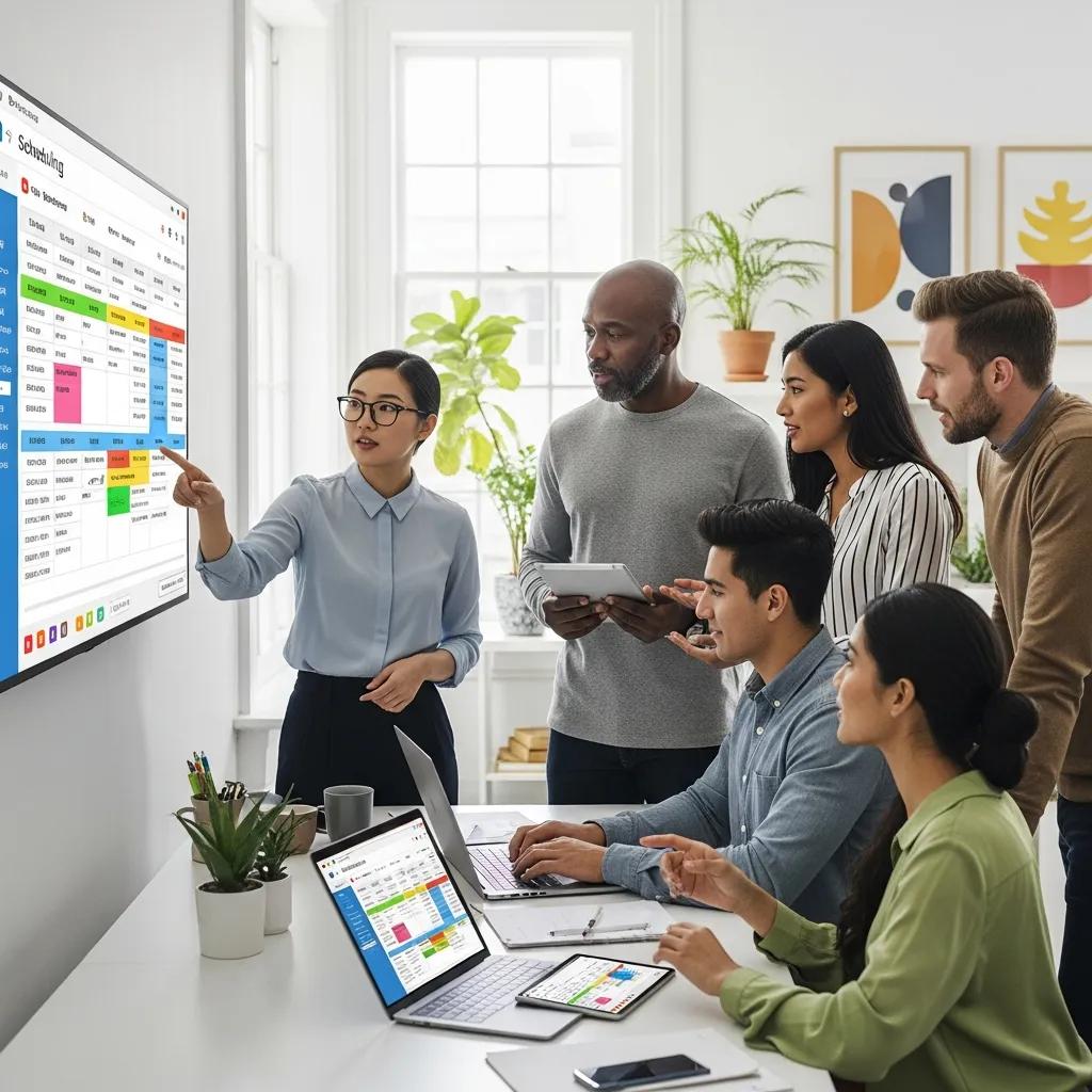Diverse team collaborating on employee scheduling software in a modern workspace, discussing productivity tools and time management solutions.