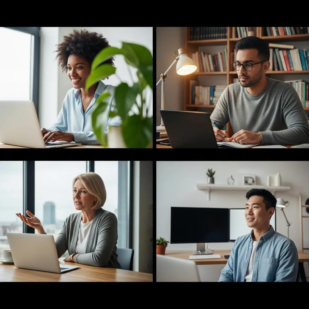 Diverse team members collaborating remotely via video call in home office settings, showcasing effective communication and productivity in a modern workspace.