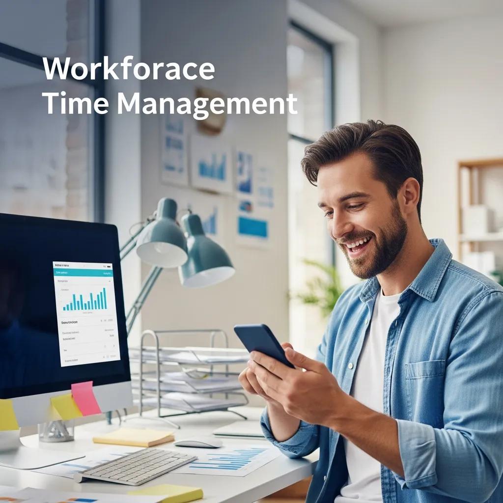 Employee using smartphone for time management in a bright office, showcasing mobile clock-in features and workforce efficiency.